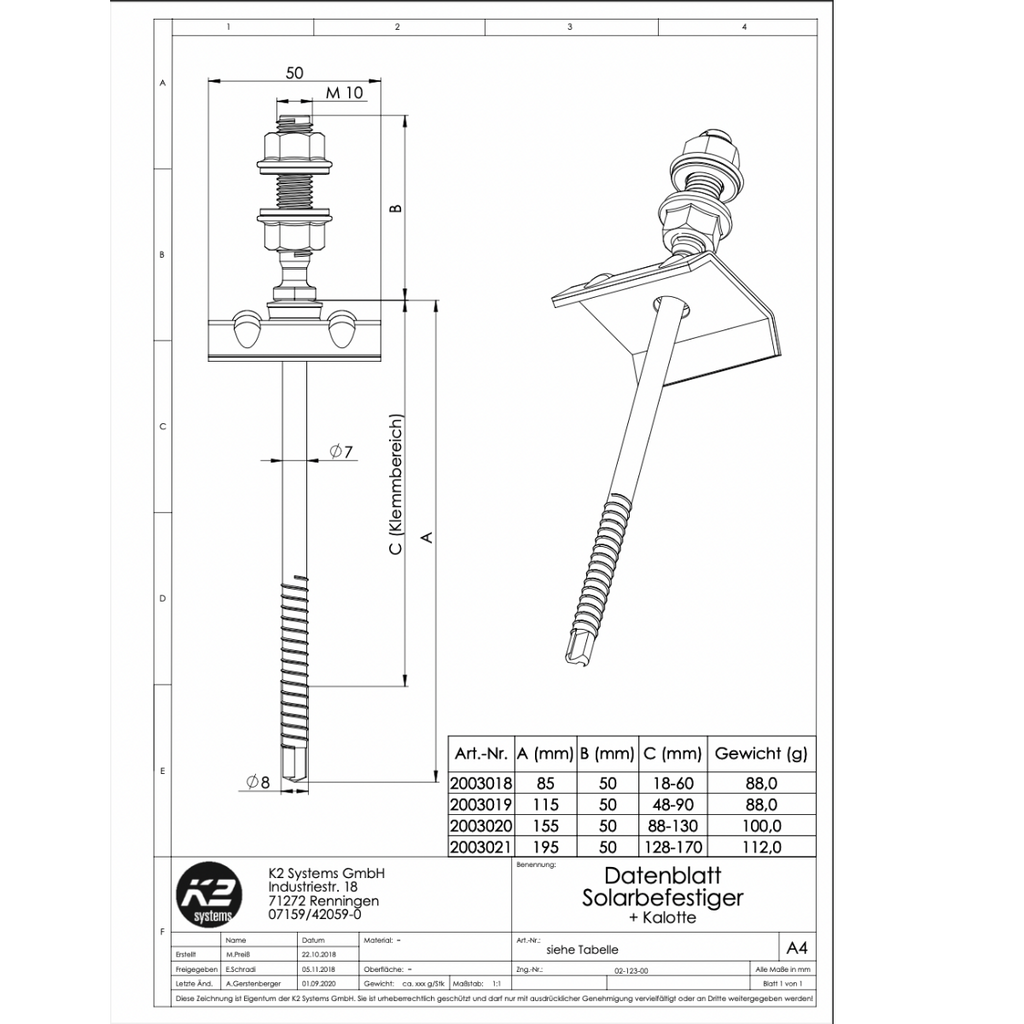 Solarbefestiger mit Kalotte 8x115/50 für Stahl Unterkonstruktion