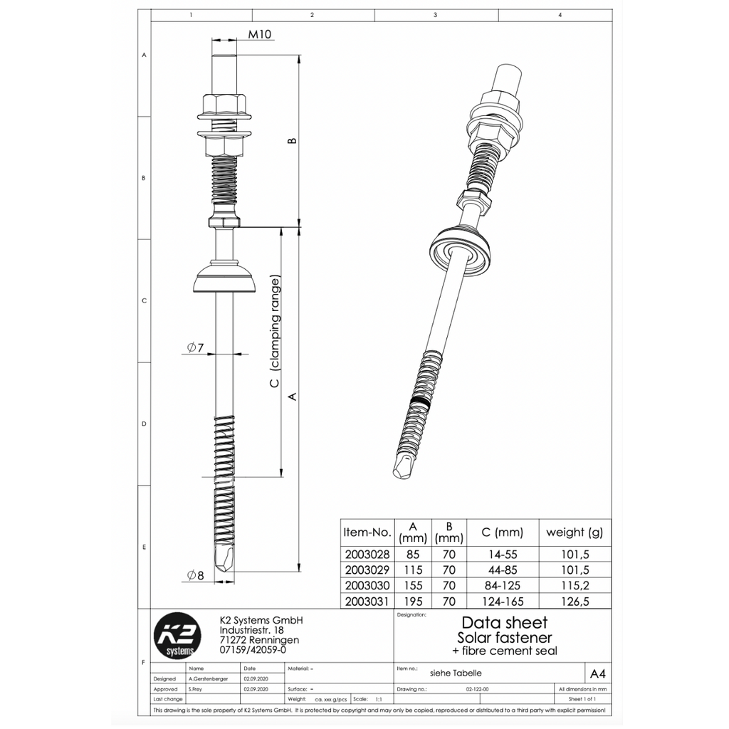 Solarbefestiger mit Faserzement Dichtung 8x115/70 für Stahl Unterkonstruktion