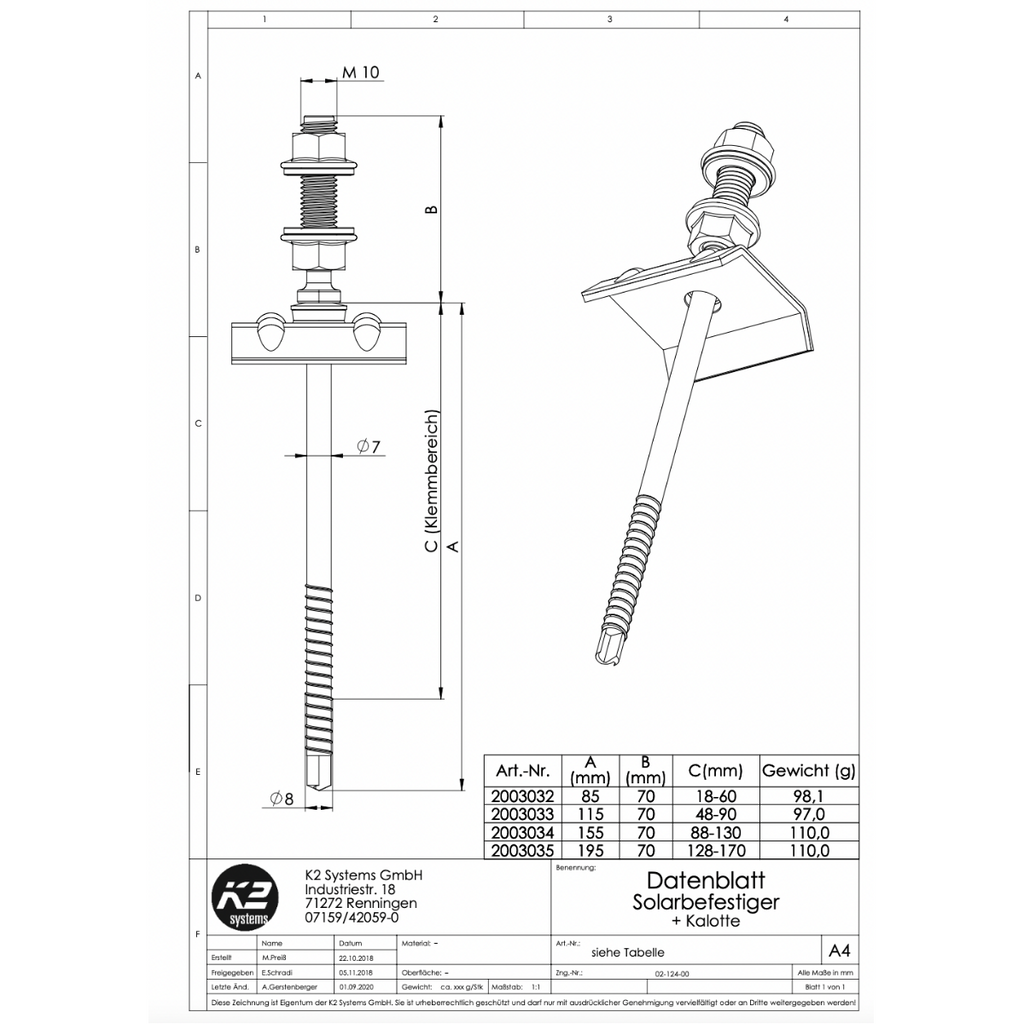 Solarbefestiger mit Kalotte 8x115/70 für Stahl Unterkonstruktion