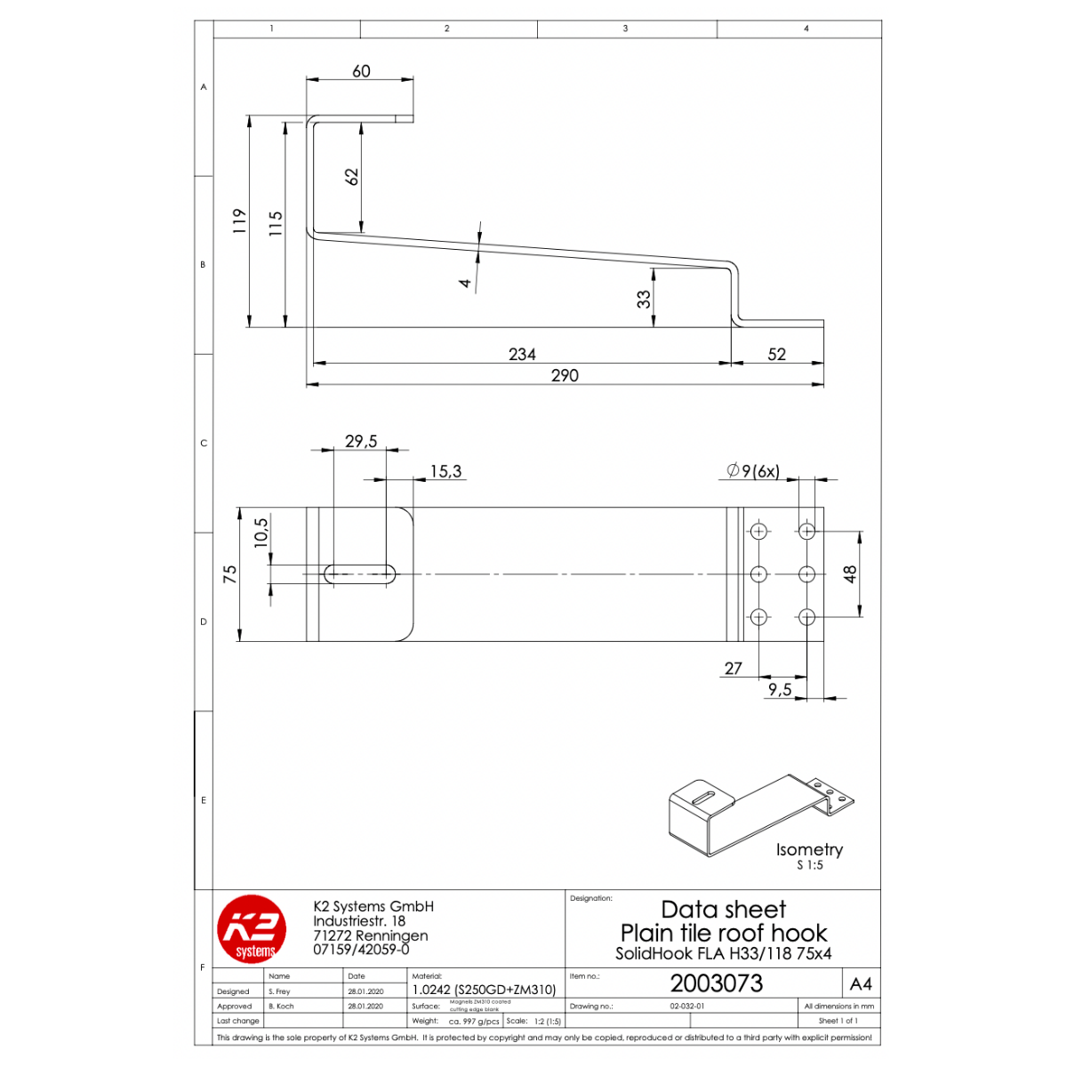 K2 Systems Dachhaken für Biberschwanzziegel – SolidRail Montage (Magnelis 1.0242 / S250GD+ZM310) - 75 × 4 mm