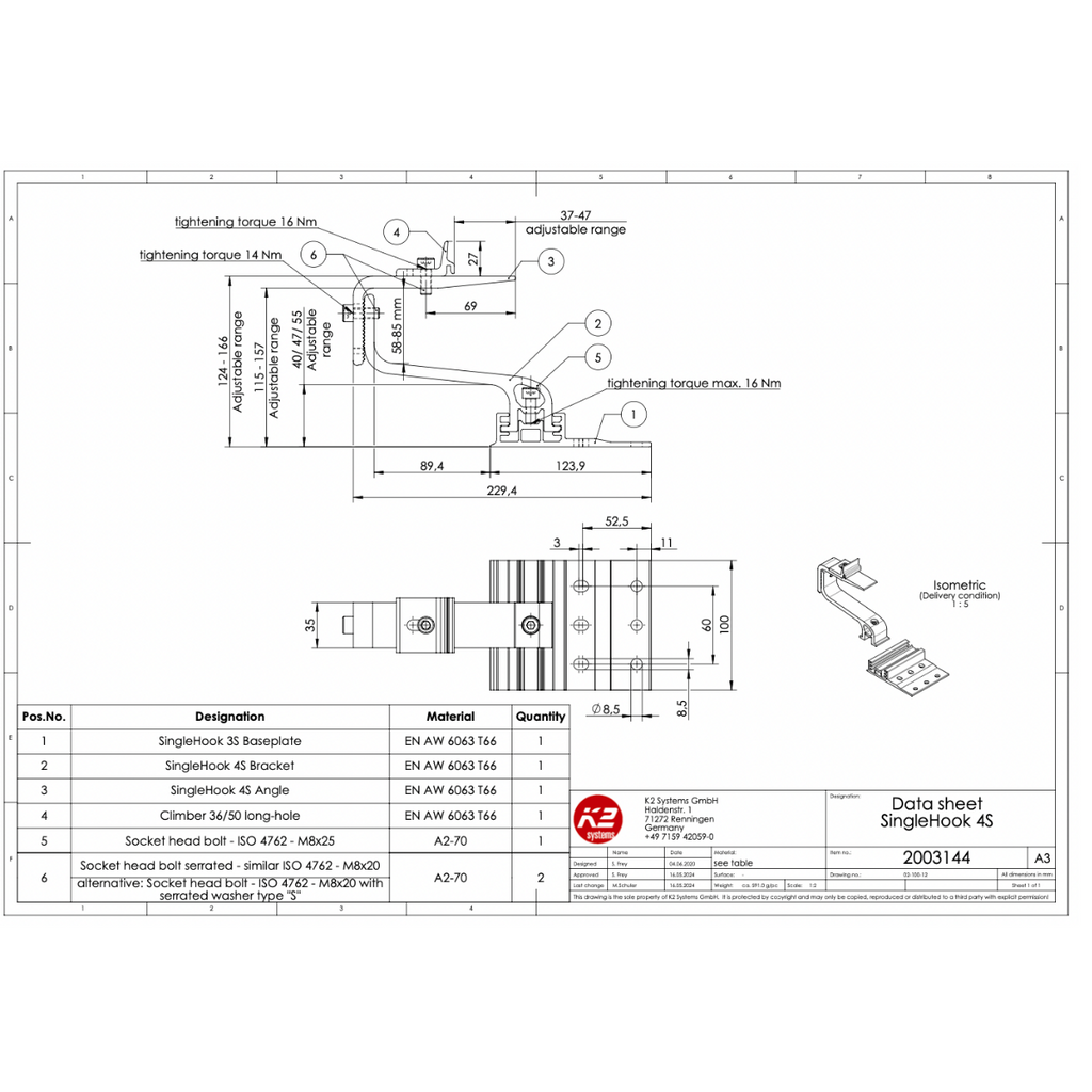 K2 Systems Dachhaken – 3-fach höhenverstellbar inkl. Climber 36/50 für SingleRail & CrossRail (Aluminium / Edelstahl A2)