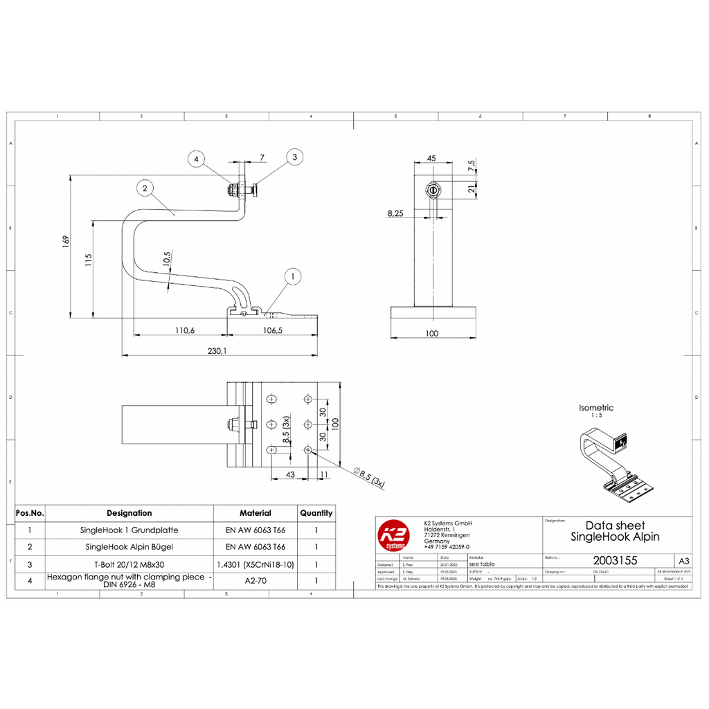 K2 Systems Dachhaken für Ziegeleindeckung – SingleRail Montage mit Blechdachziegel (Aluminium EN AW-6063 T66)