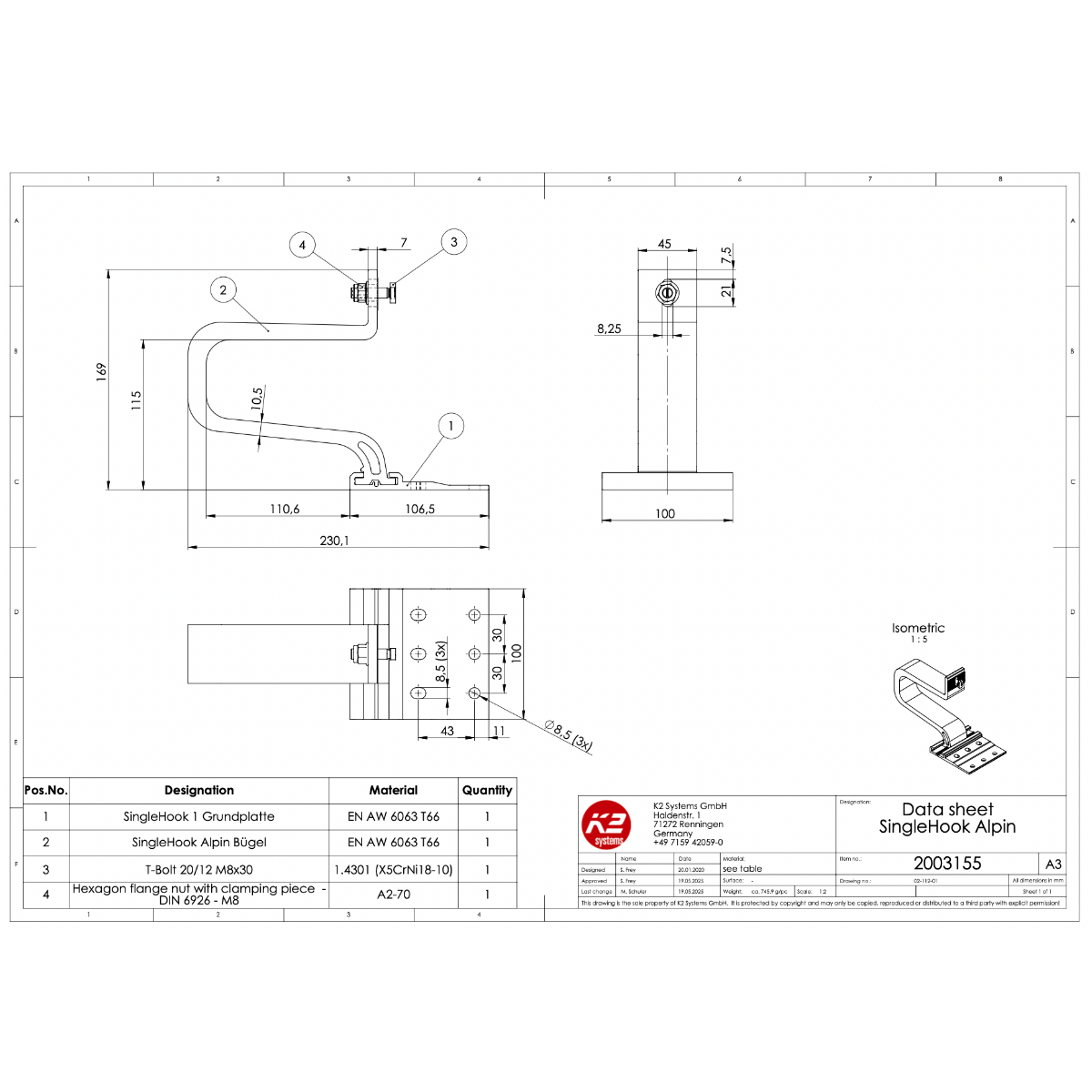 K2 Systems Dachhaken für Ziegeleindeckung – SingleRail Montage mit Blechdachziegel (Aluminium EN AW-6063 T66)