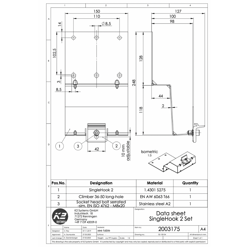 K2 Systems Dachhaken für flache Betondachsteine (BS EN 490) – SingleRail Montage inkl. Climber 36/50 (Edelstahl 1.4301)