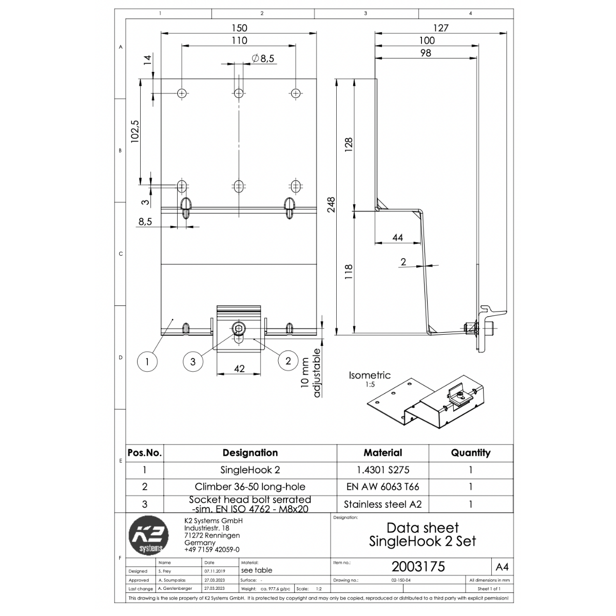 K2 Systems Dachhaken für flache Betondachsteine (BS EN 490) – SingleRail Montage inkl. Climber 36/50 (Edelstahl 1.4301)