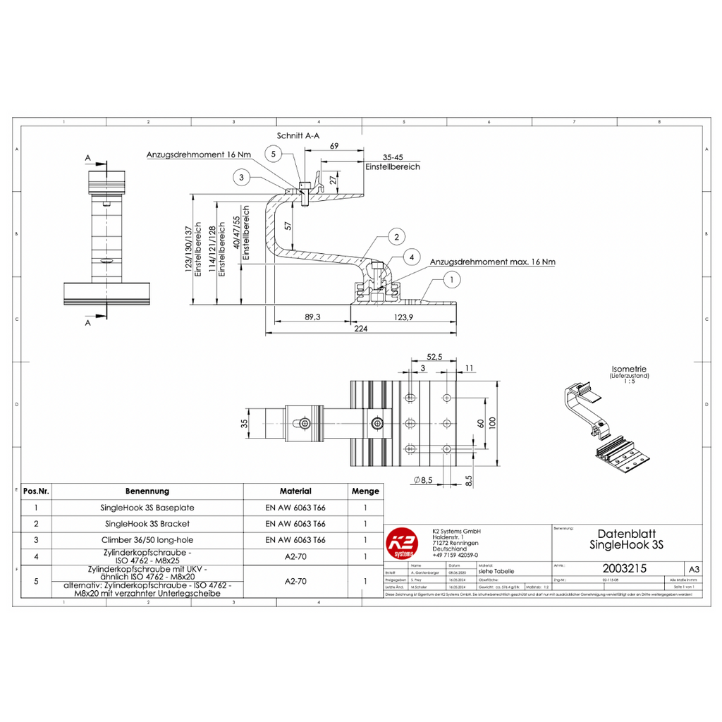 K2 Systems Dachhaken – 3-fach höhenverstellbar inkl. Climber 36/50 für SingleRail & CrossRail (Aluminium / Edelstahl A2)