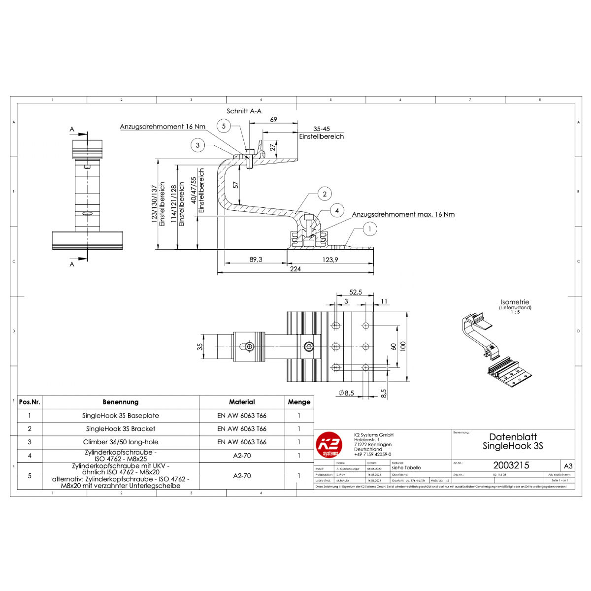 K2 Systems Dachhaken – 3-fach höhenverstellbar inkl. Climber 36/50 für SingleRail & CrossRail (Aluminium / Edelstahl A2)
