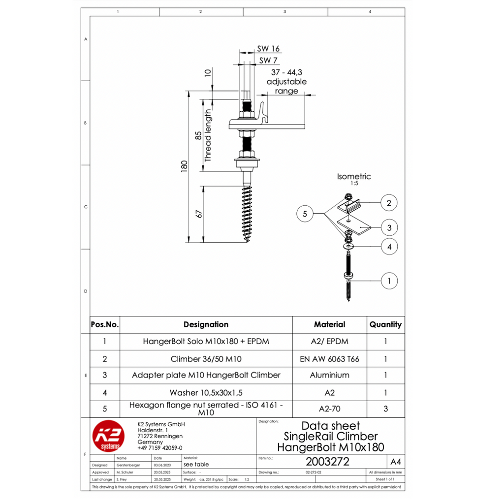 K2 SingleRail Stockschrauben Climber Set M10x180 – mit Faserzement-Dichtung für Wellfaserzement (Edelstahl A2 / Aluminium / EPDM)