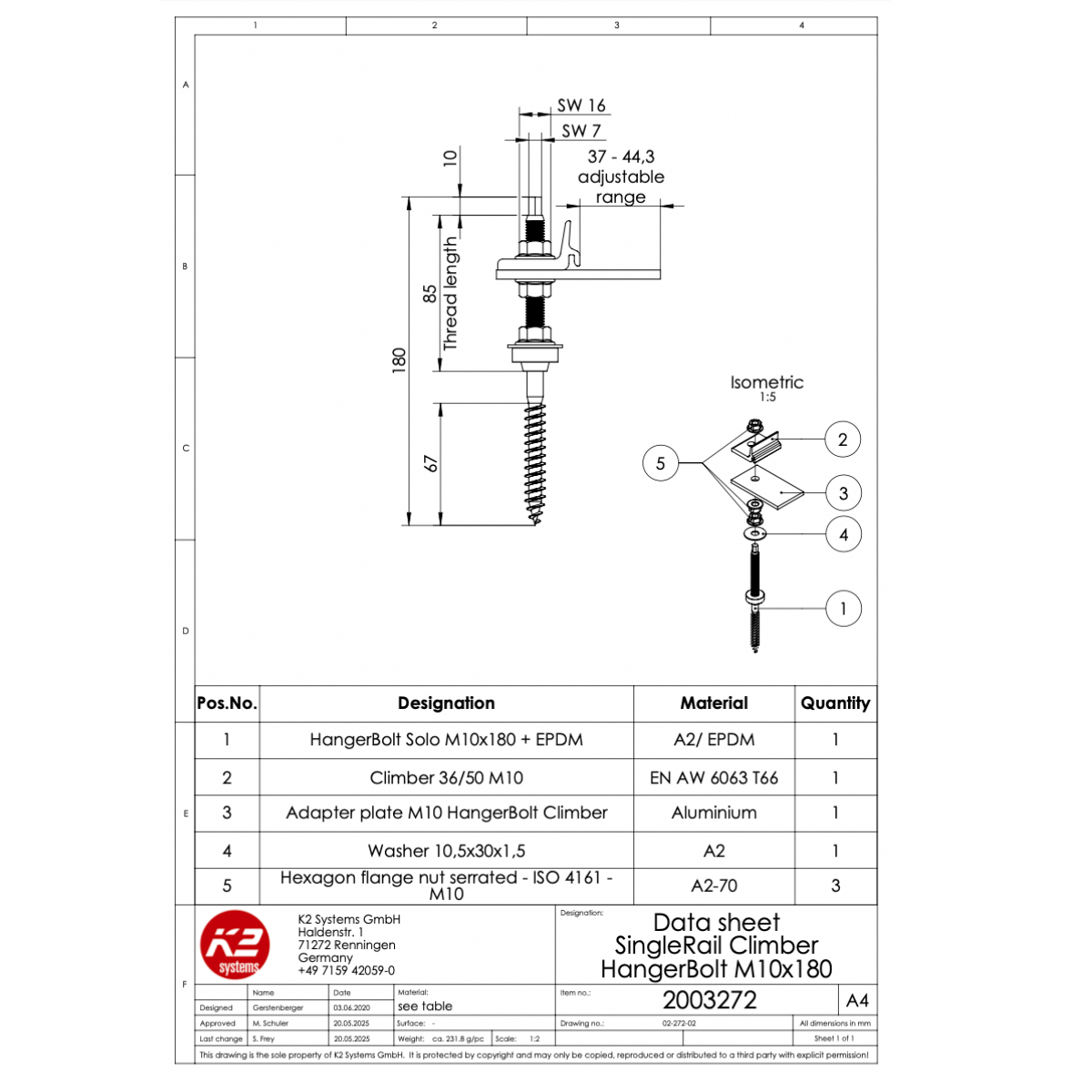 K2 SingleRail Stockschrauben Climber Set M10x180 – mit Faserzement-Dichtung für Wellfaserzement (Edelstahl A2 / Aluminium / EPDM)