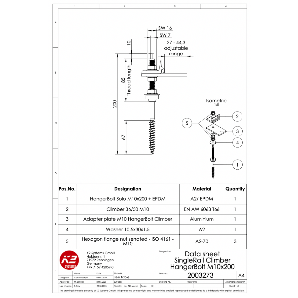 K2 SingleRail Stockschrauben Climber Set M10x200 – mit Faserzement-Dichtung für Wellfaserzement (Edelstahl A2 / Aluminium / EPDM)