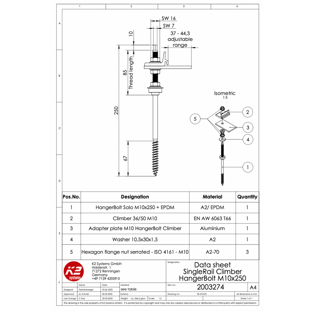 K2 SingleRail Stockschrauben Climber Set M10x250 – mit Faserzement-Dichtung für Wellfaserzement (Edelstahl A2 / Aluminium / EPDM)