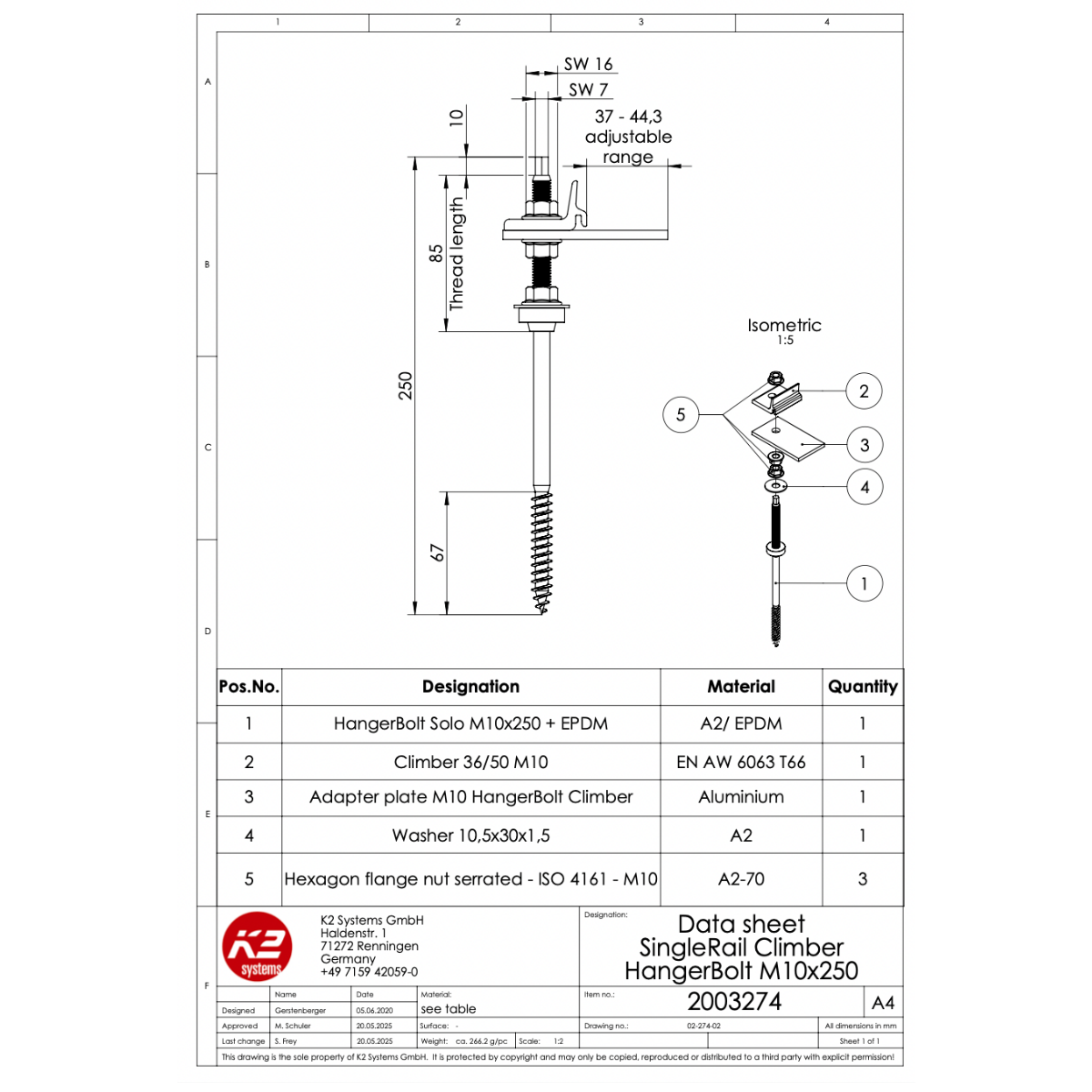 K2 SingleRail Stockschrauben Climber Set M10x250 – mit Faserzement-Dichtung für Wellfaserzement (Edelstahl A2 / Aluminium / EPDM)