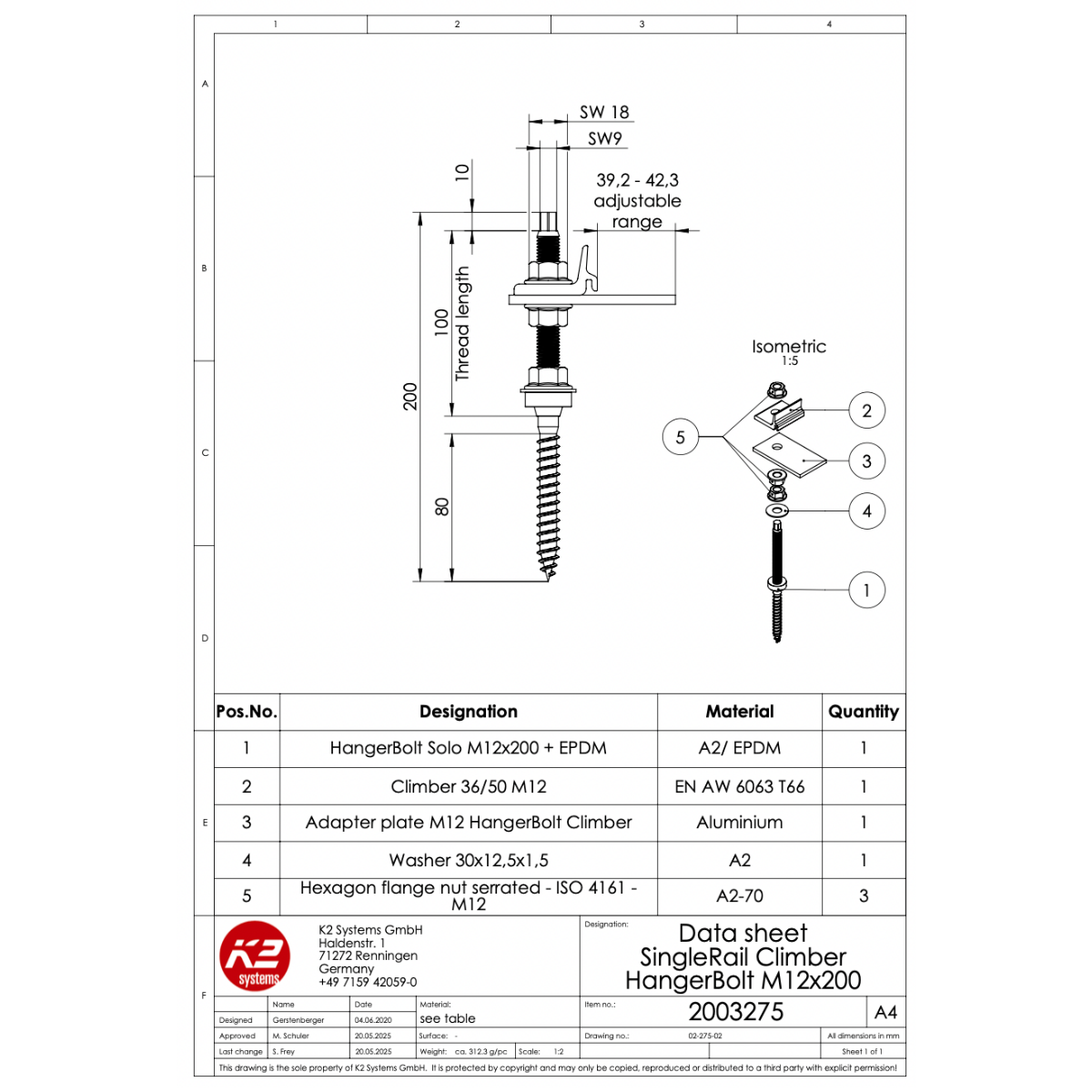 K2 SingleRail Stockschrauben Climber Set M12x200 – mit Faserzement-Dichtung für Wellfaserzement (Edelstahl A2 / Aluminium / EPDM)