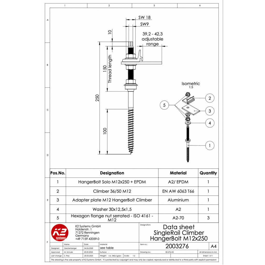 K2 SingleRail Stockschrauben Climber Set M12x250 – mit Faserzement-Dichtung für Wellfaserzement (Edelstahl A2 / Aluminium / EPDM)