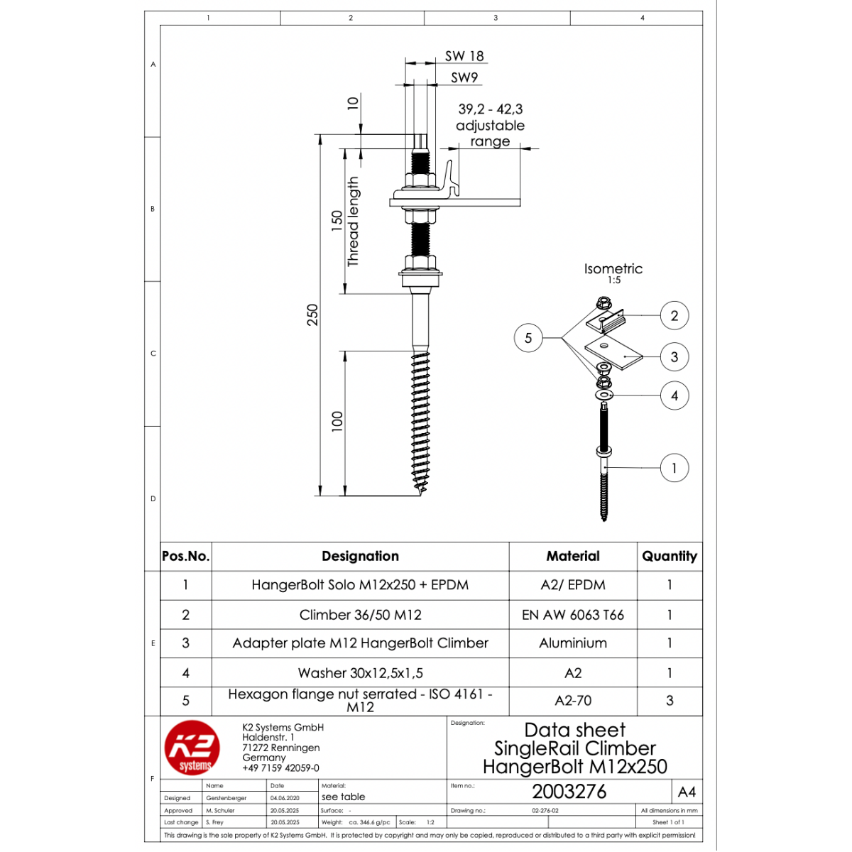 K2 SingleRail Stockschrauben Climber Set M12x250 – mit Faserzement-Dichtung für Wellfaserzement (Edelstahl A2 / Aluminium / EPDM)