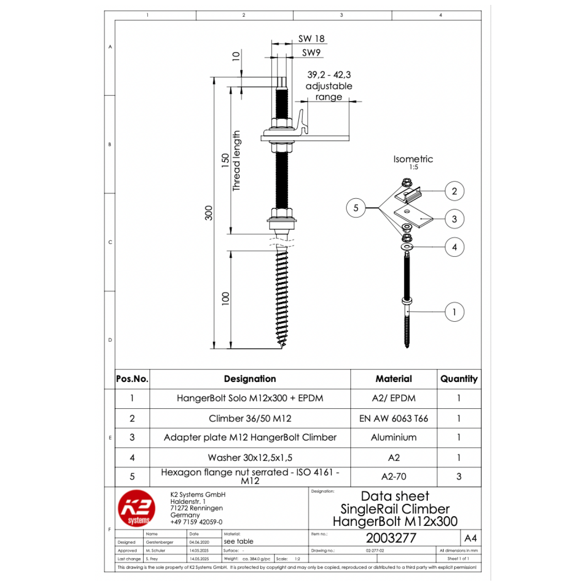 K2 SingleRail Stockschrauben Climber Set M12x300 – mit Faserzement-Dichtung für Wellfaserzement (Edelstahl A2 / Aluminium / EPDM)