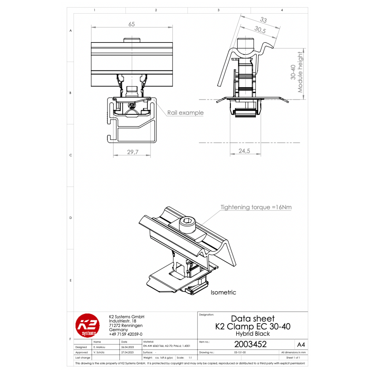 K2 Universal Modulendklemme 30–40 mm – Schwarz eloxiert