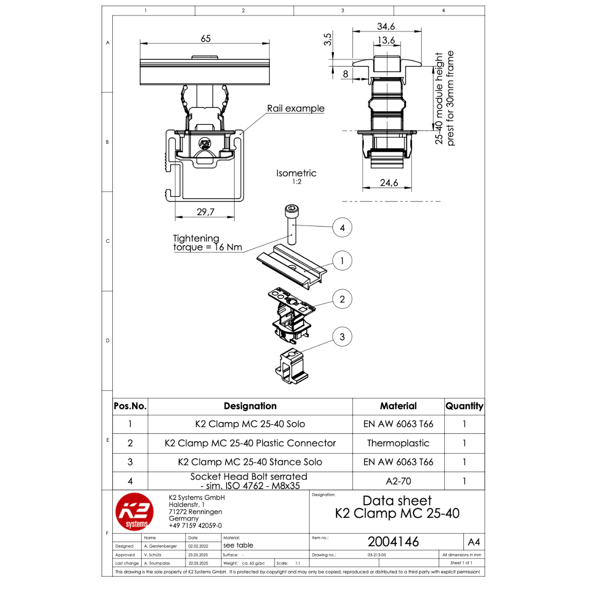 Universal Modulmittelklemme – für Rahmenhöhen 25–40 mm (Aluminium / Edelstahl A2 / Badamid B70)