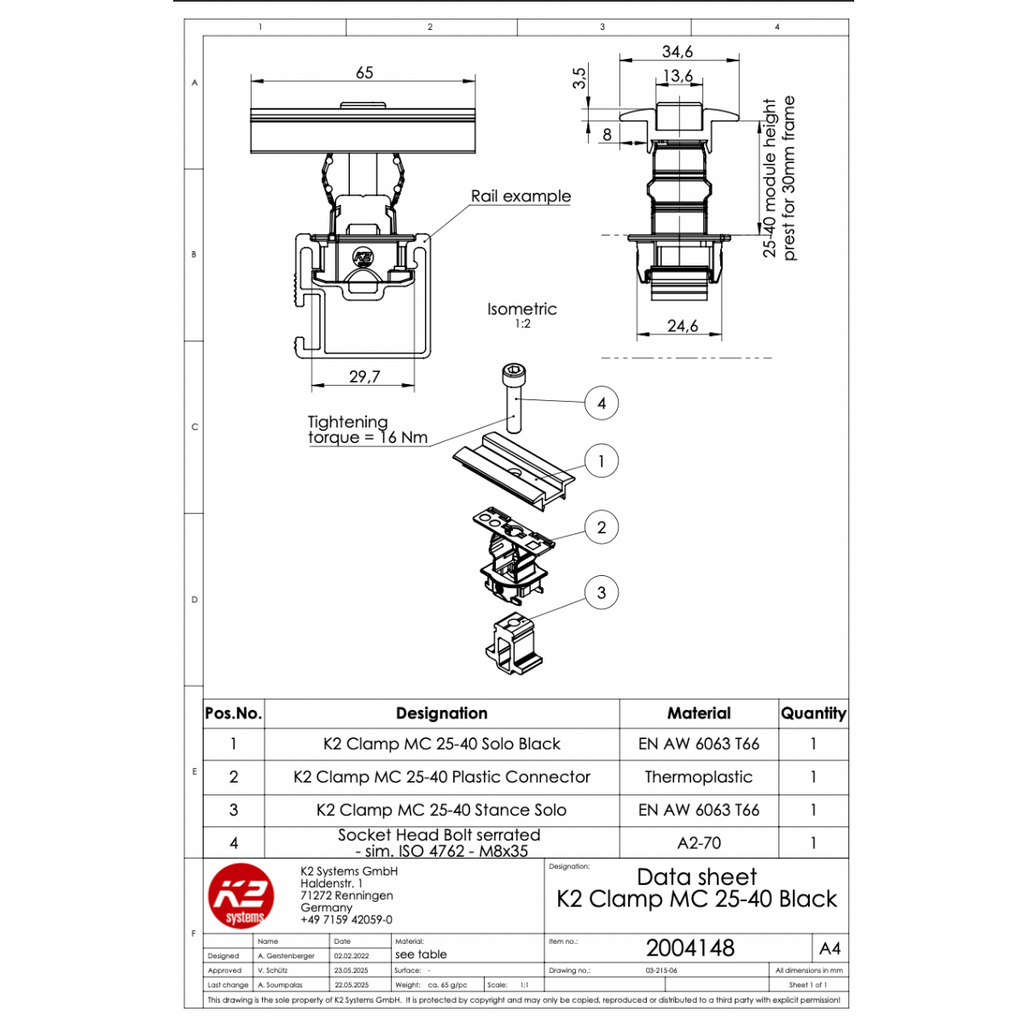 Universal Modulmittelklemme – schwarz eloxiert, für Rahmenhöhen 25–40 mm