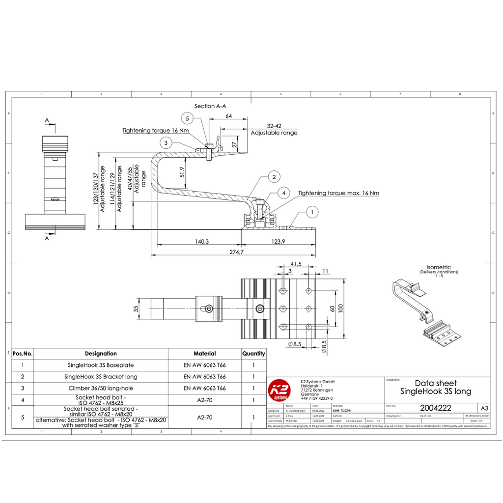 K2 Systems Dachhaken mit langem Ausleger – 3-fach höhenverstellbar inkl. Climber 36/50 für SingleRail & CrossRail (Aluminium / Edelstahl A2)