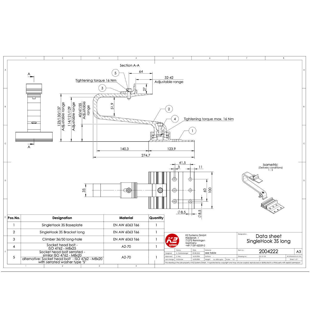 K2 Systems Dachhaken mit langem Ausleger – 3-fach höhenverstellbar inkl. Climber 36/50 für SingleRail & CrossRail (Aluminium / Edelstahl A2)