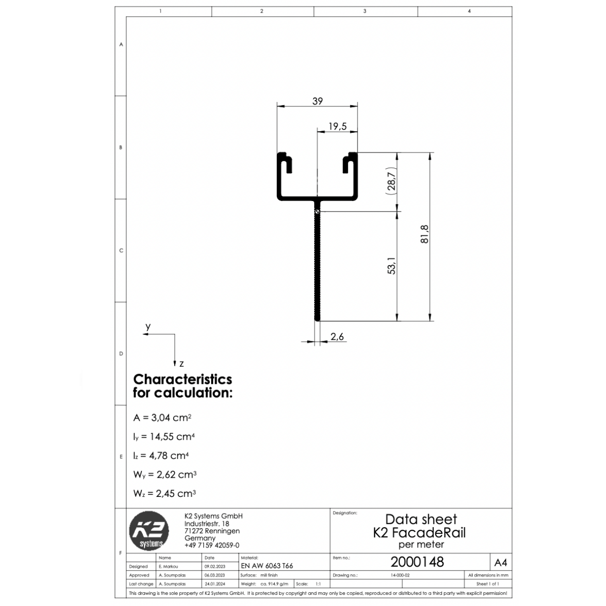 K2 FacadeRail 4,00 m – Aluminium EN AW 6063 T66