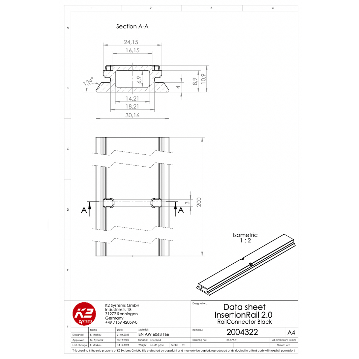 InsertionRail 2.0 RailConnector – Aluminium EN AW-6063 T66, schwarz eloxiert