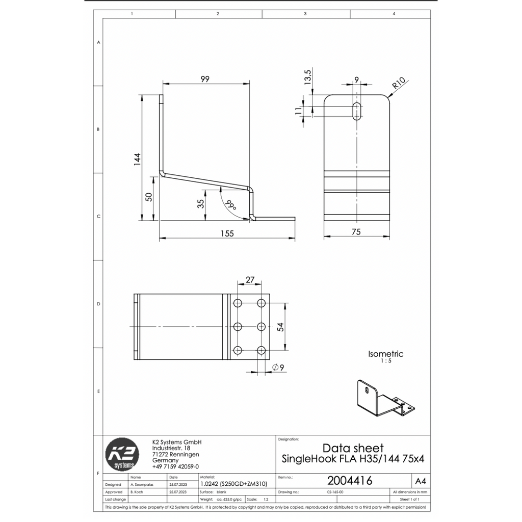 K2 SingleHook FlatTile – Dachhaken für Biberschwanzziegel, SingleRail Montage (Magnelis 1.0242)