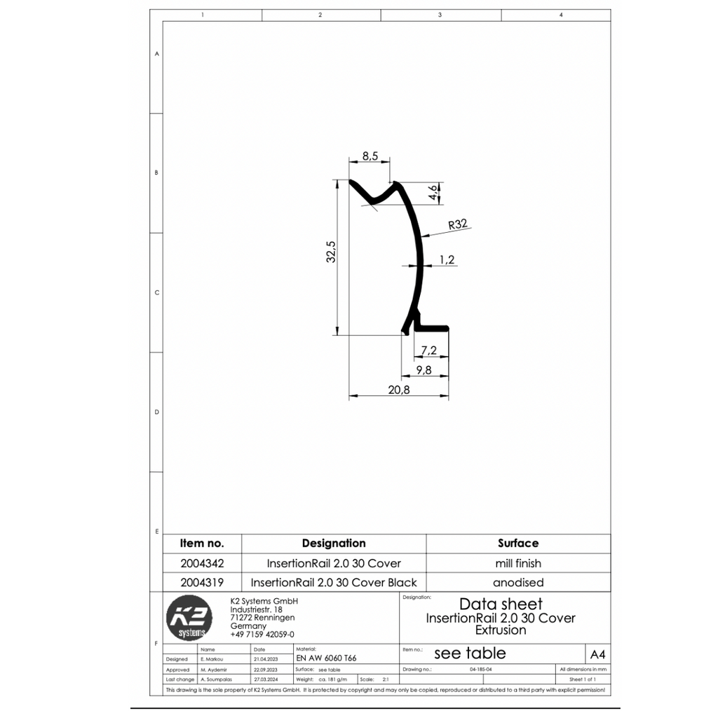 K2 InsertionRail 2.0 Cover 30 – Schwarz eloxiert