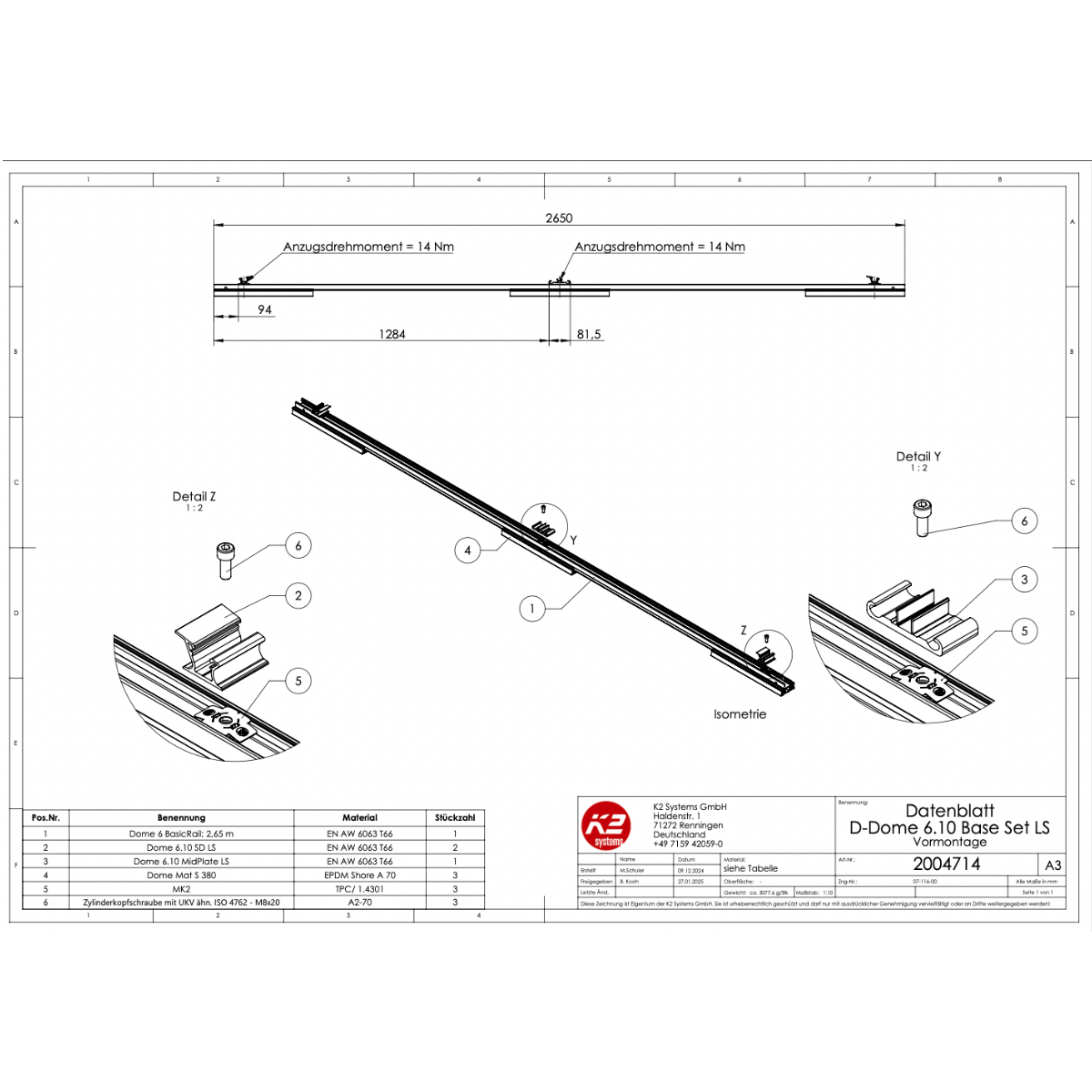K2 D-Dome 6.10 LS – Vormontiertes Basisschienenset