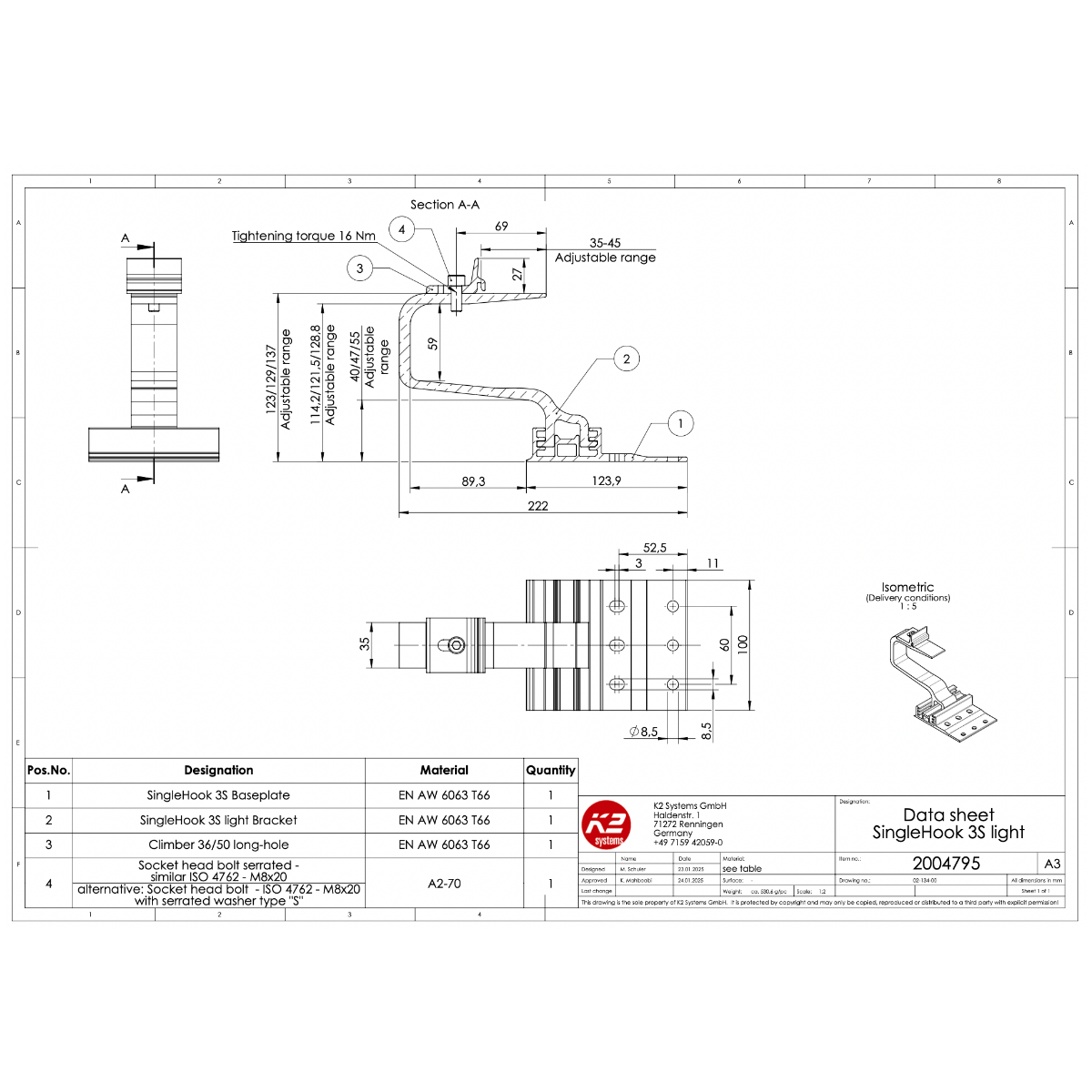 K2 Systems Dachhaken für Betondachsteine – 3-fach höhenverstellbar inkl. Climber 36/50 (Aluminium / Edelstahl A2)